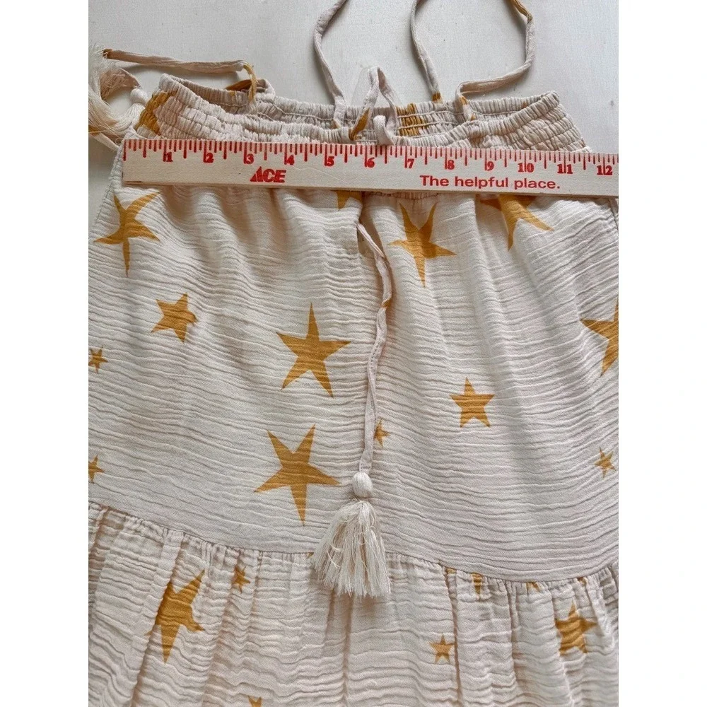 Storia Gold Star Midi Sun Dress Cream Tie Shoulder Smocked Tiered XS Guaze